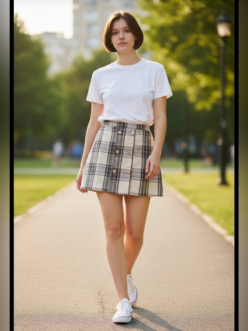 Women's Plaid‎ Mini Skirt US 6 UK 10 Paper Bag Waist Buttons Preppy Acadamia